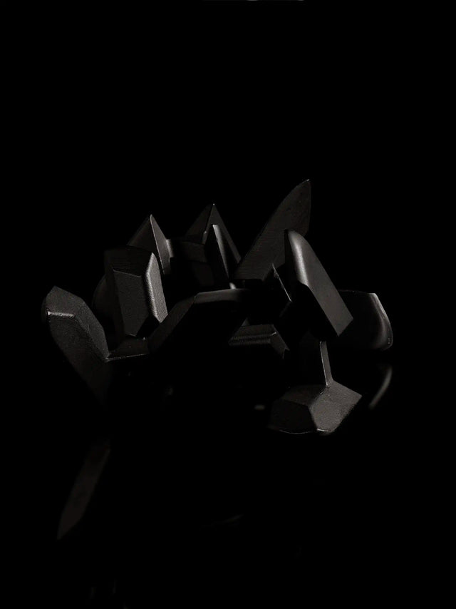 The black Curio Tetra Puzzle disassembled on a black background, flat lay