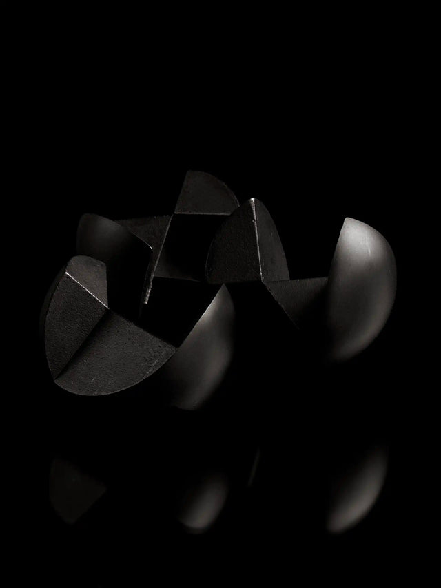 The black Curio Venn Puzzle fully disassembled on a black background